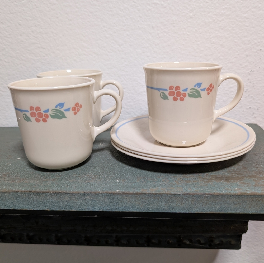Corning Corelle Rosa Pattern Set of 3 Coffee Cups 8 oz with Saucers Vintage RARE